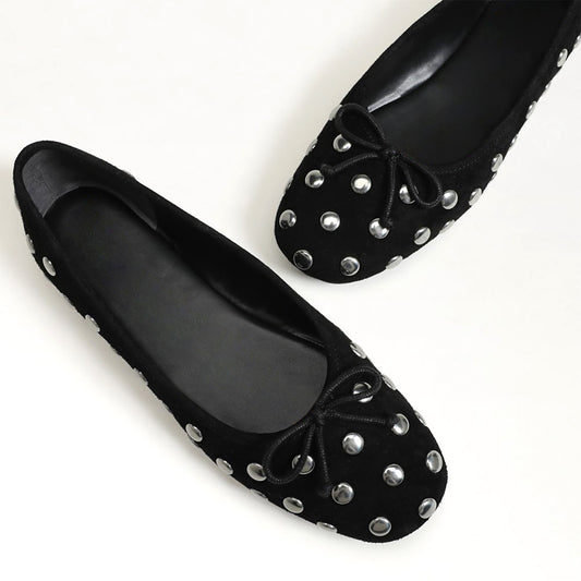 Black Faux Suede Square-Toe Studded Slip-On Flats