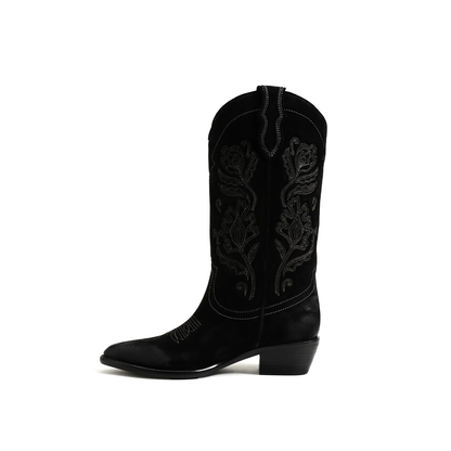 Black Faux Suede Almond-Toe Flowers Embroidery Mid Calf Cowgirl Boots