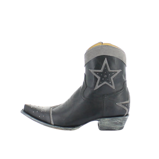 Black Snip-Toe Studded And Star Applique Ankle Cowgirl Boots