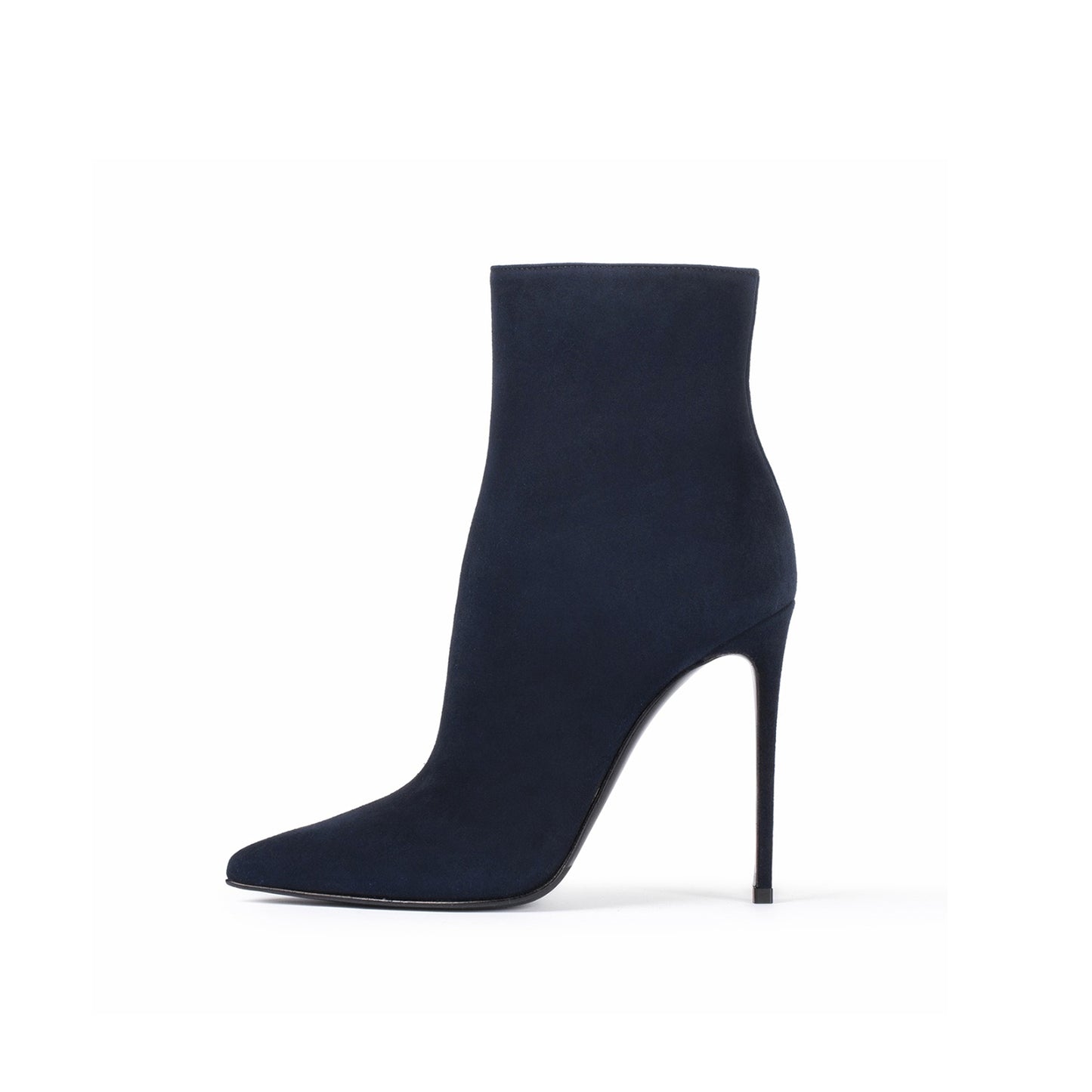 Dark Blue Faux Suede Pointed-Toe Simple Full-Zip Ankle Stiletto Boots