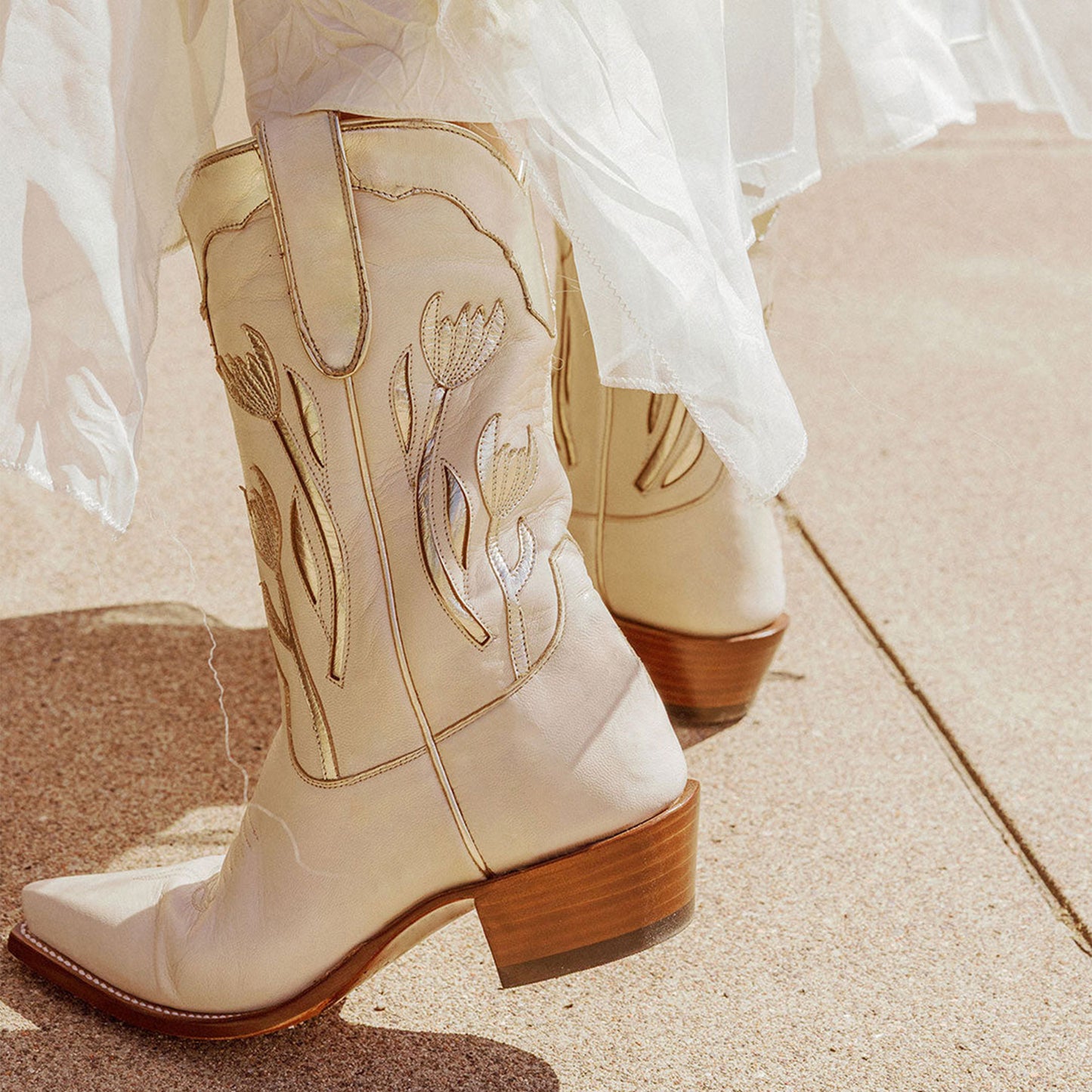 Cream Snip-Toe Metallic Champagne Tulip Inlay Mid Calf Cowgirl Boots