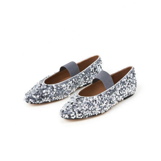 Gray Velvet Round-Toe Full Sequins Ballet Mary Jane Flats