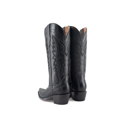 Black Snip-Toe Half-Zip Embroidery Mid Calf Cowgirl Boots
