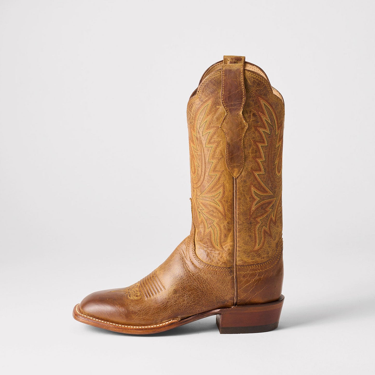 Tan Square-Toe Delicate Embroidery Classic Mid Calf Cowgirl Boots