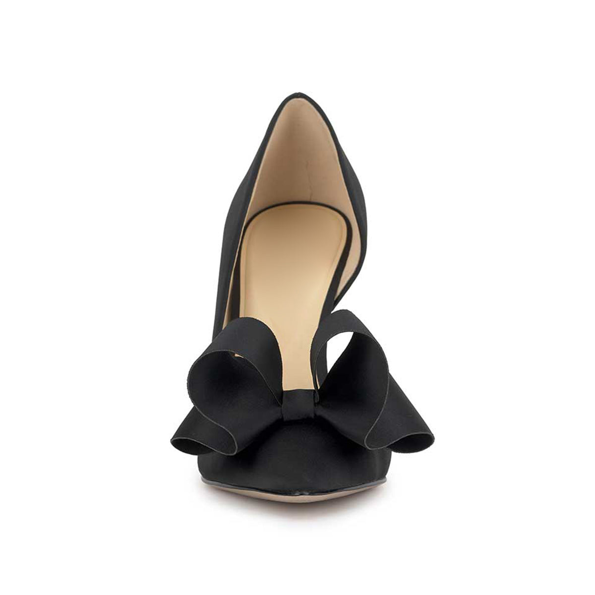 Black Satin Pointed-Toe Front Big Bow Sleek Slip-On High Heels