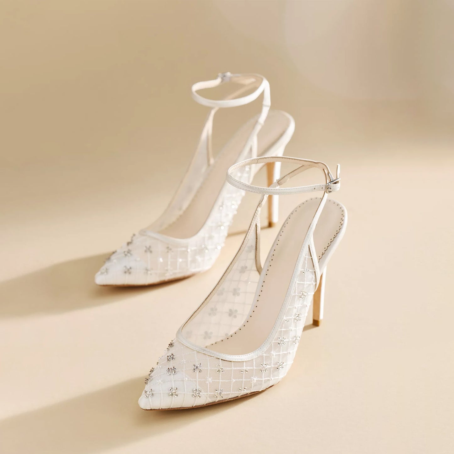 White Crystal-Embellished Mesh Pointed-Toe Slingback Ankle Strap High Heels