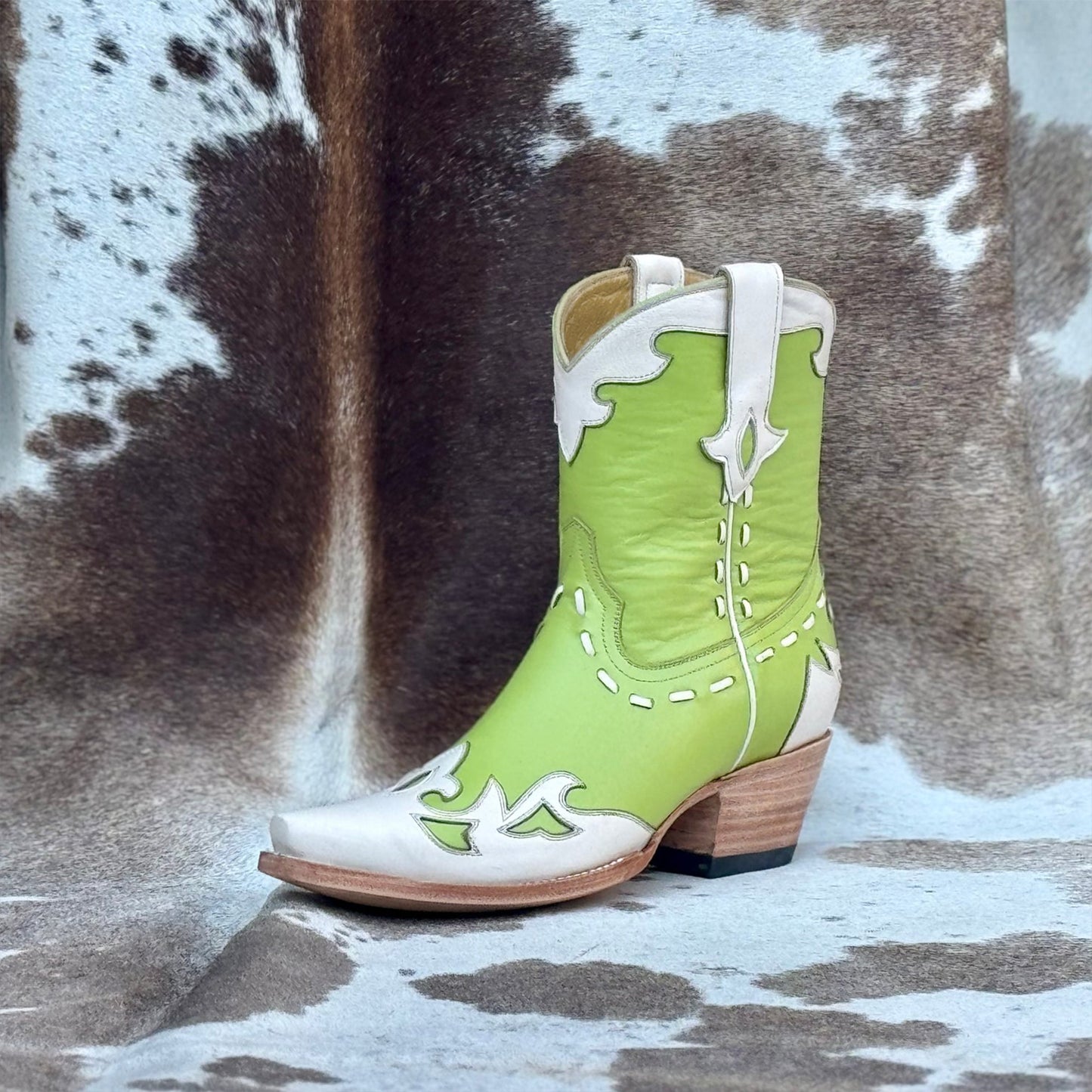 Contrast Lime And White Snip-Toe Running Stitch Ankle Cowgirl Boots