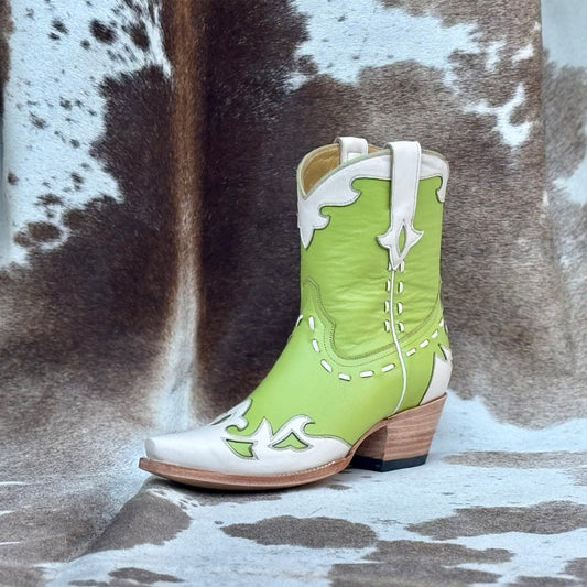 Contrast Lime And White Snip-Toe Running Stitch Ankle Cowgirl Boots