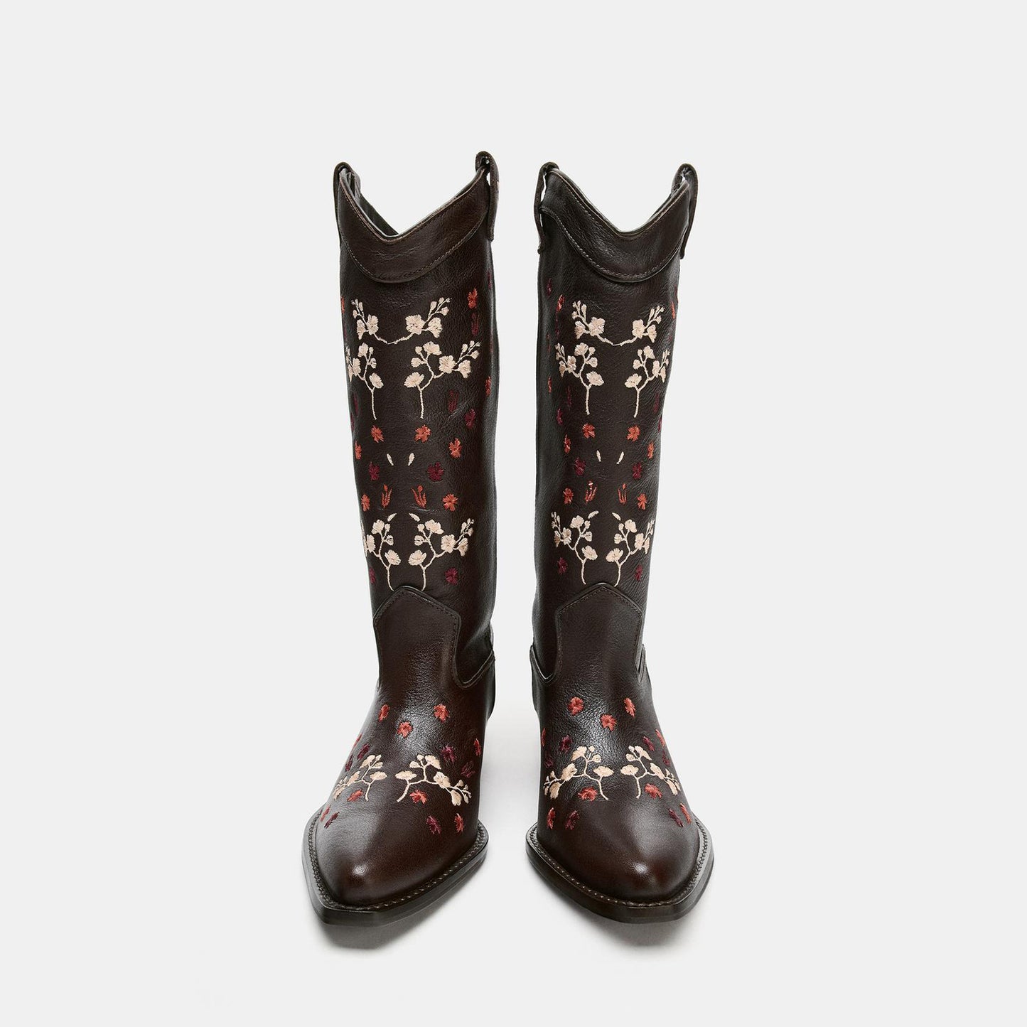 Brown Snip-Toe Plum Blossom Embroidery Mid Calf Chic Cowgirl Boots