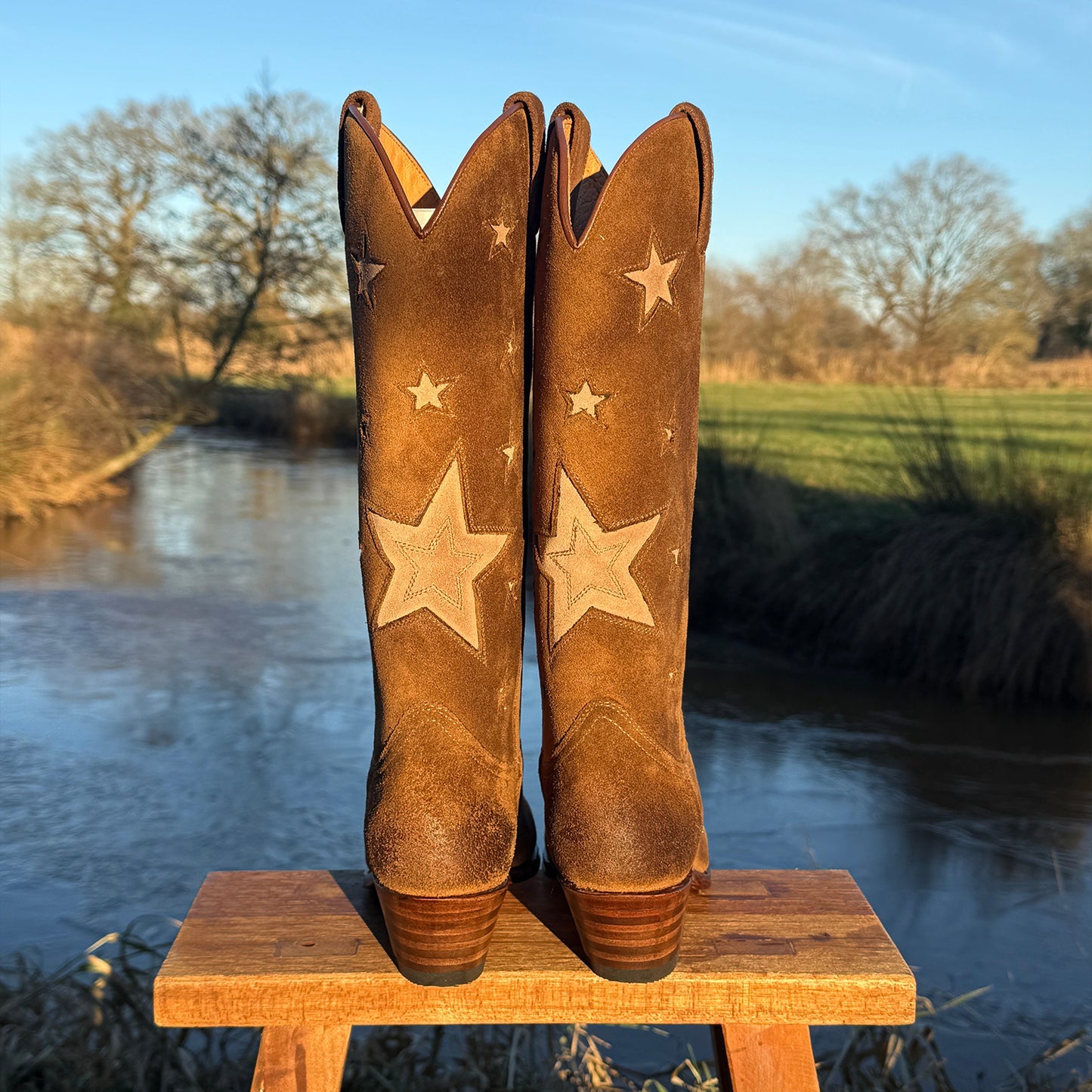 Brown Faux Suede Snip-Toe Chic Stars Inlay Mid Calf Cowgirl Boots