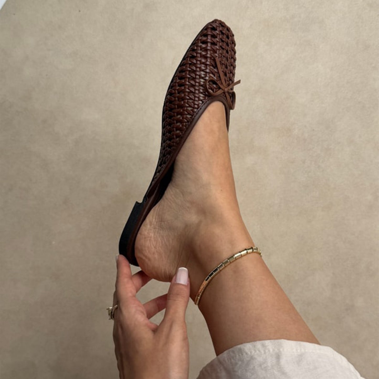Coffee Woven Vegan Leather Square-Toe Front Bow Backless Chic Flats