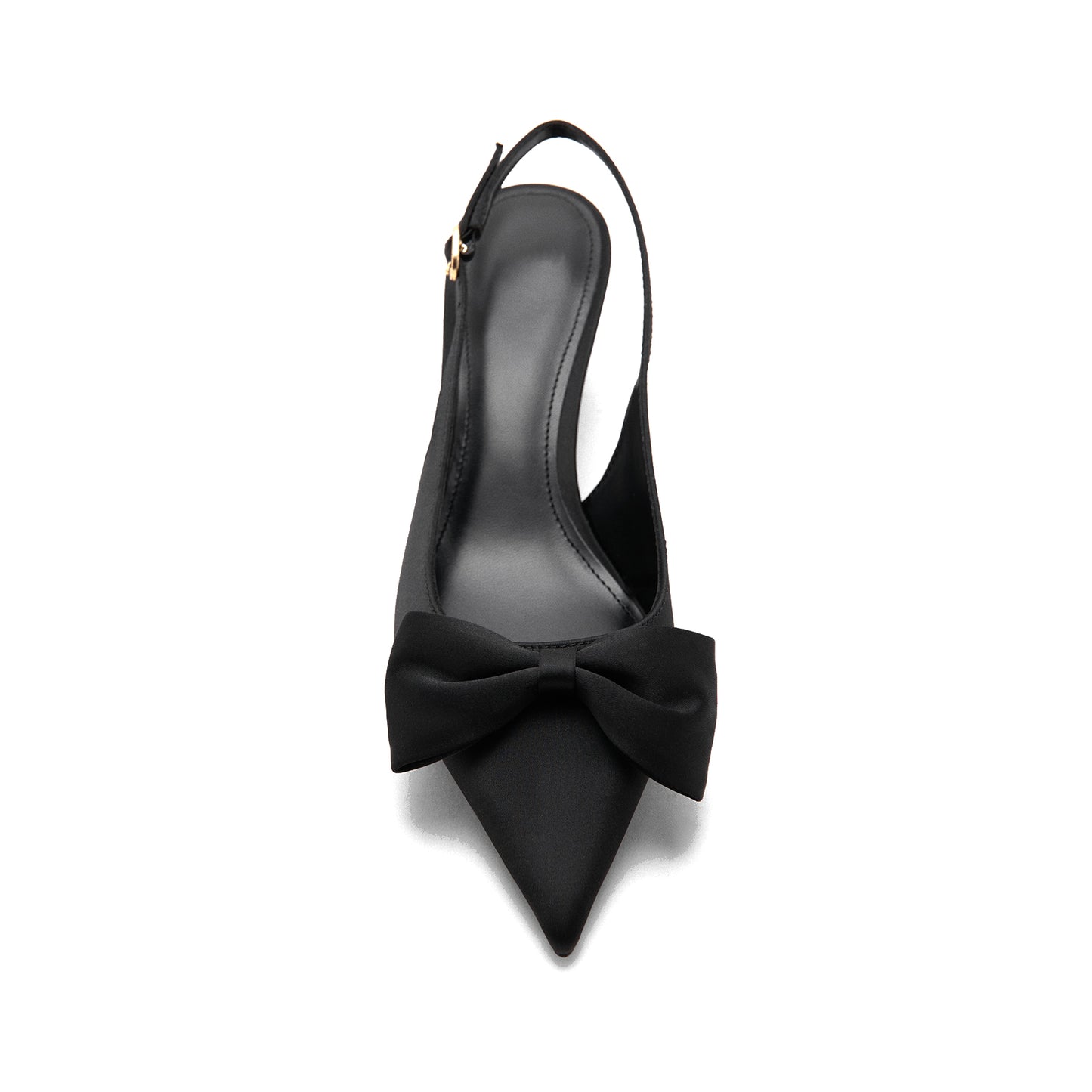 Black Satin Pointed-Toe Front Big Bow Buckle Slingback Kitten Heels