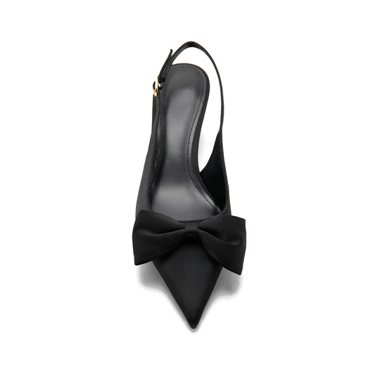 Black Satin Pointed-Toe Front Big Bow Buckle Slingback Kitten Heels