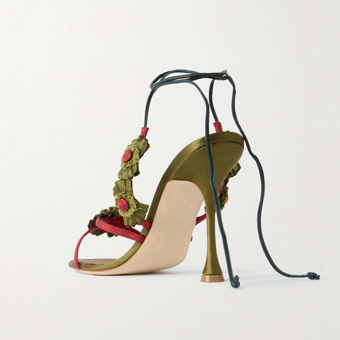 Army Green Satin Round-Toe Strappy With Flowers Detail High Heels