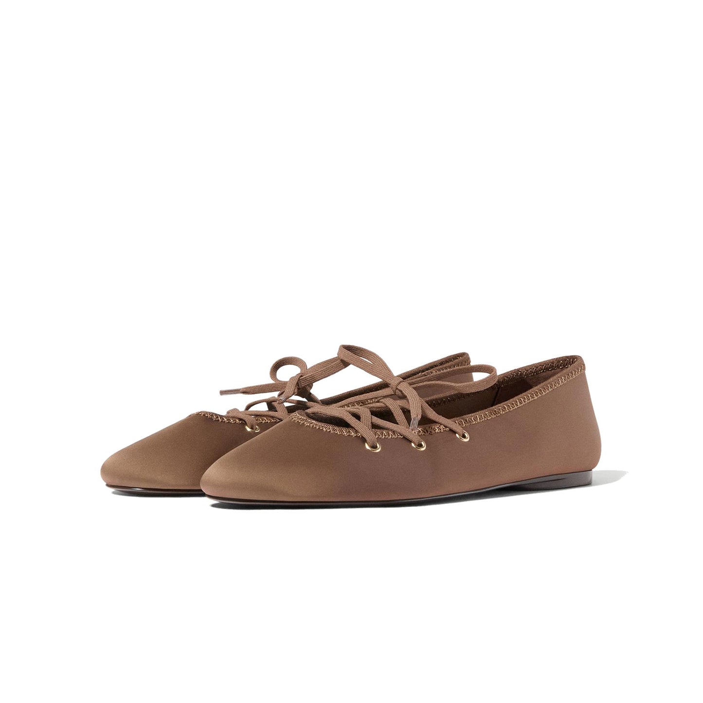 Brown Satin Round-Toe Lace-Up Chic Ballet Flats