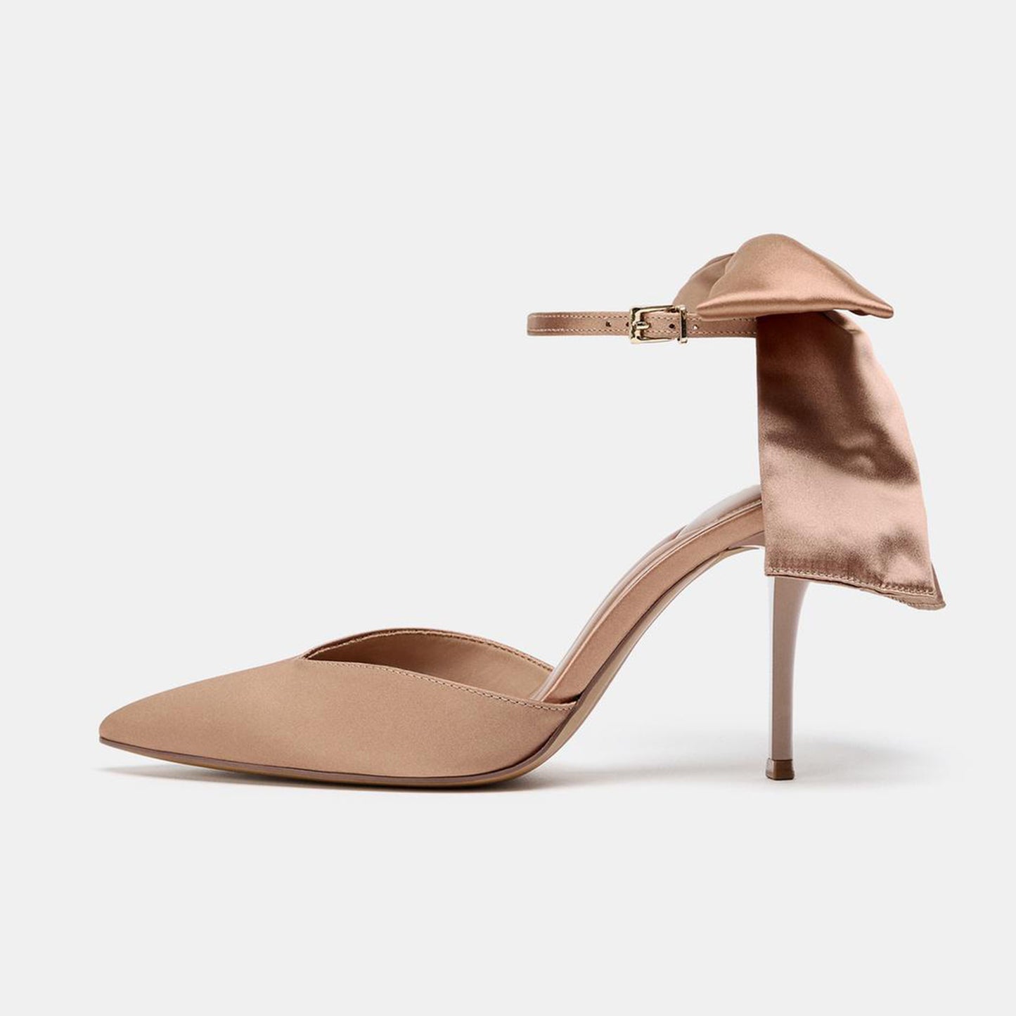 Beige Satin Pointed-Toe Ankle Strap With Big Bow Chic High Heels