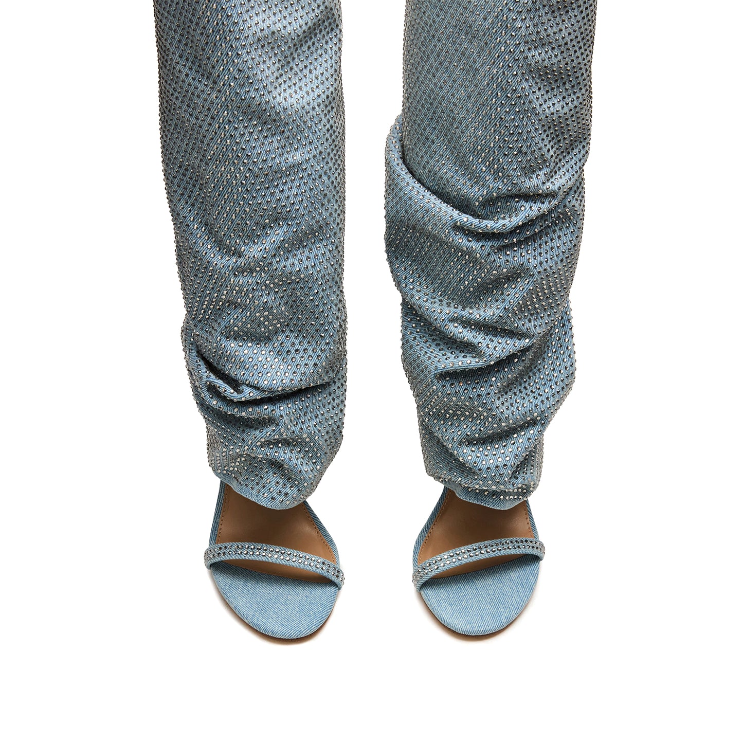 Blue Denim Open Round-Toe Rhinestone Wide Calf Knee High Stiletto Boots