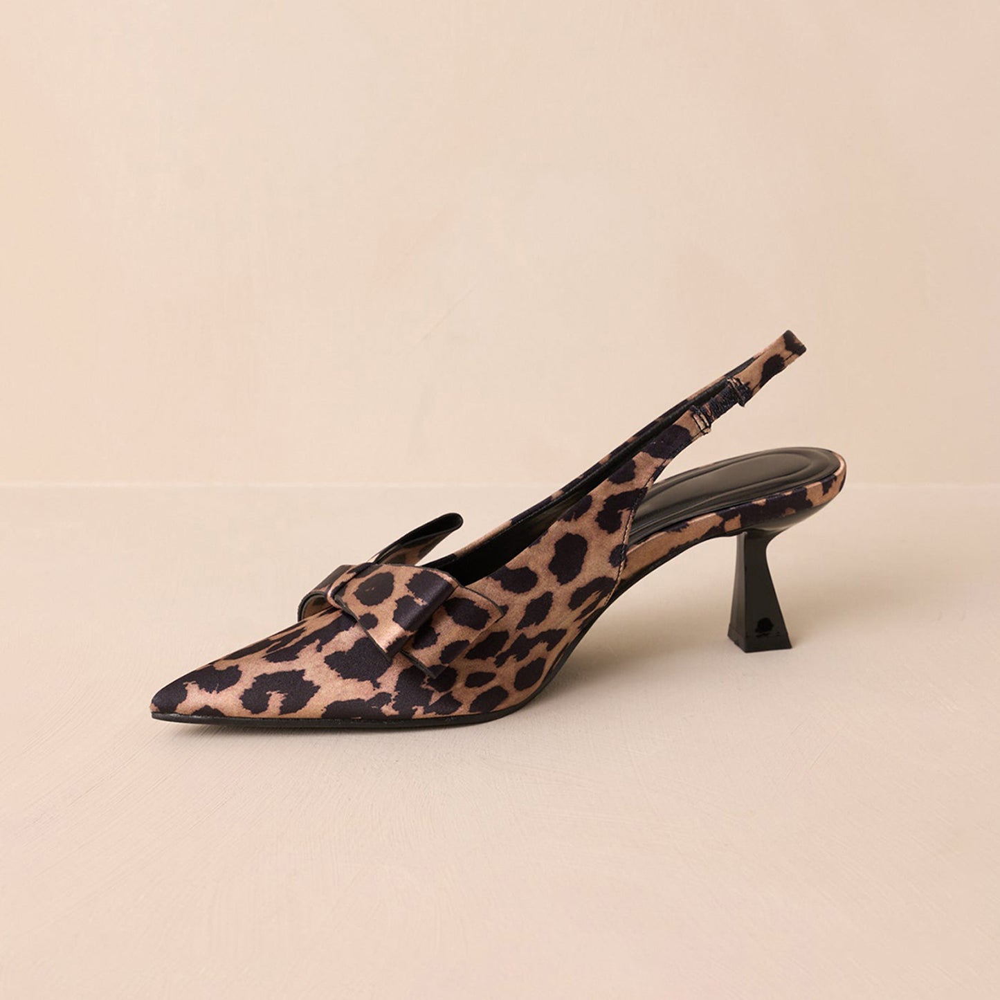 Leopard Satin Pointed-Toe Front Bow Slingback Kitten Heels