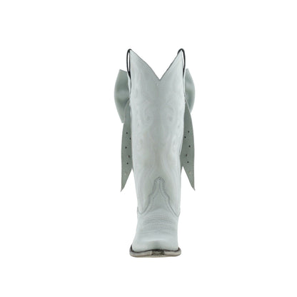 Gray Pointed-Toe Embroidery Back Studded Bow Mid Calf Cowgirl Boots