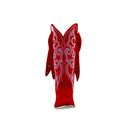 Red Pointed-Toe Embroidery Back Studded Bow Mid Calf Cowgirl Boots