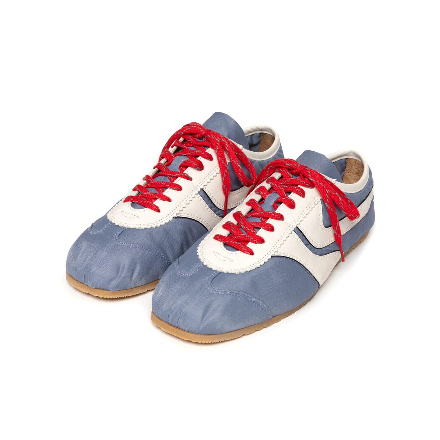 Blue Contrast Vegan Leather And Cloth Square-Toe Lace-Up Sneakers Flats