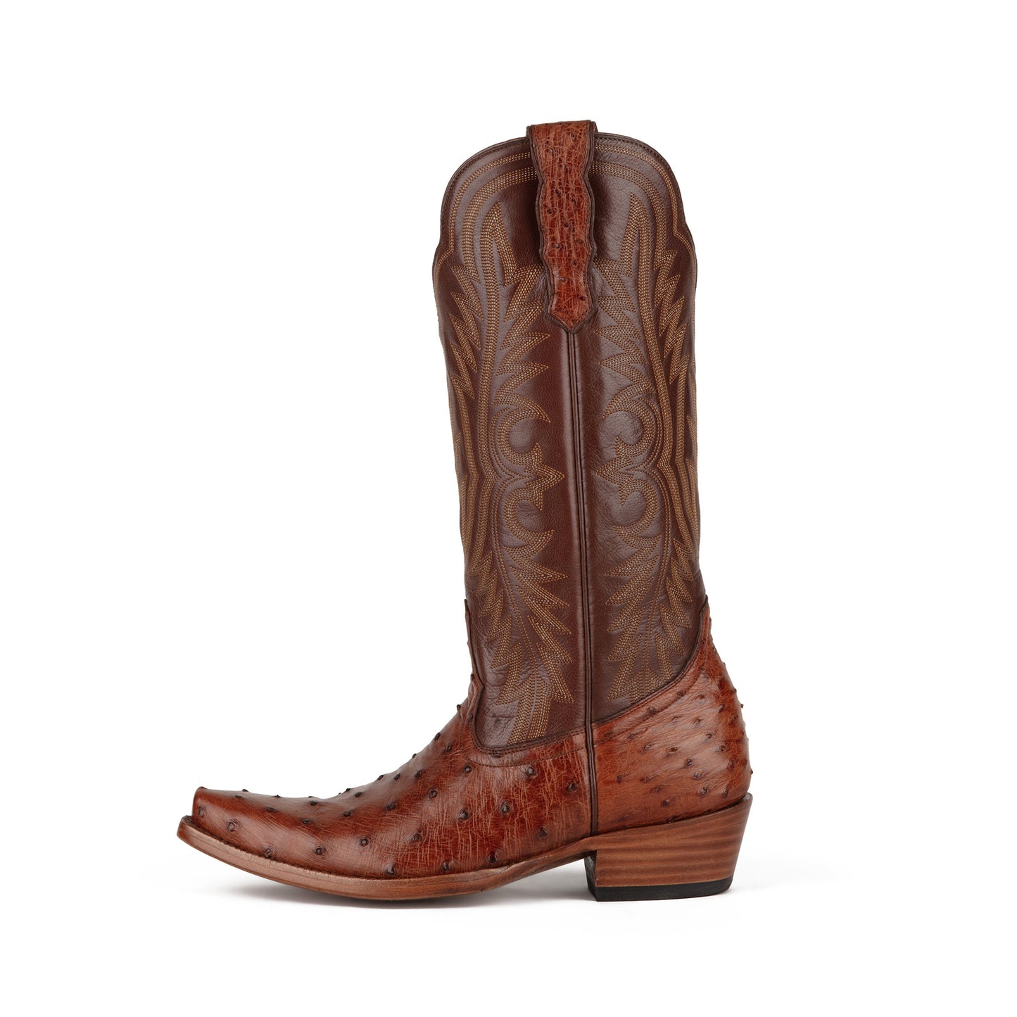 Brandy Contrast Vegan Leather And Ostrich Print Snip-Toe Embroidery Mid Calf Cowgirl Boots