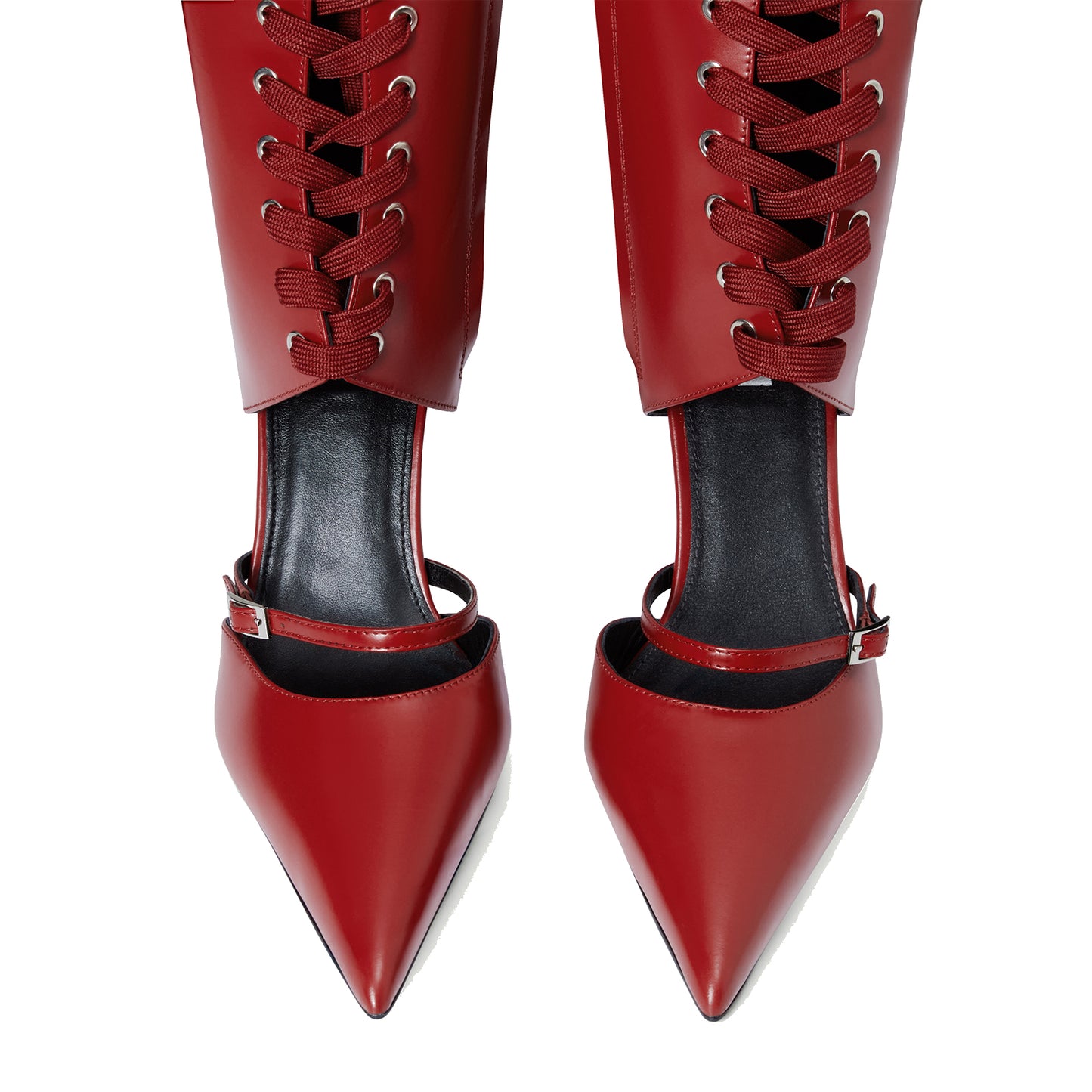 Red Pointed-Toe Front Lace-Up Full-Zip Knee High Stiletto Boots