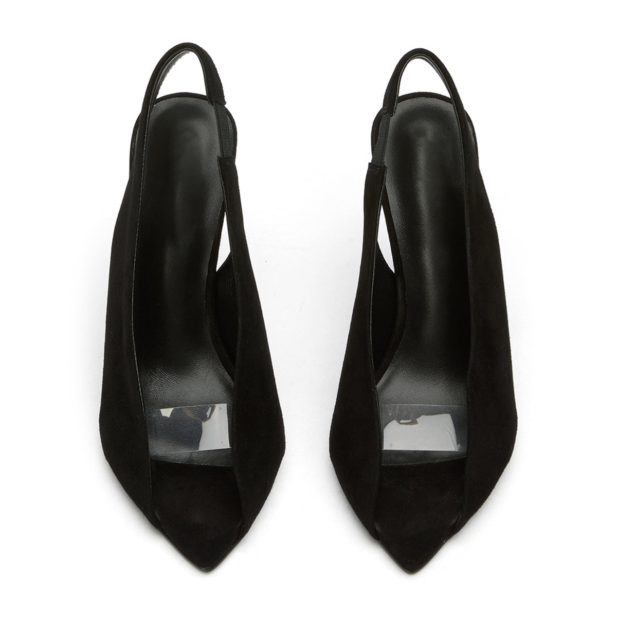Black Faux Suede Pointed-Toe Front Transparent TPU Film Slingback High Heels