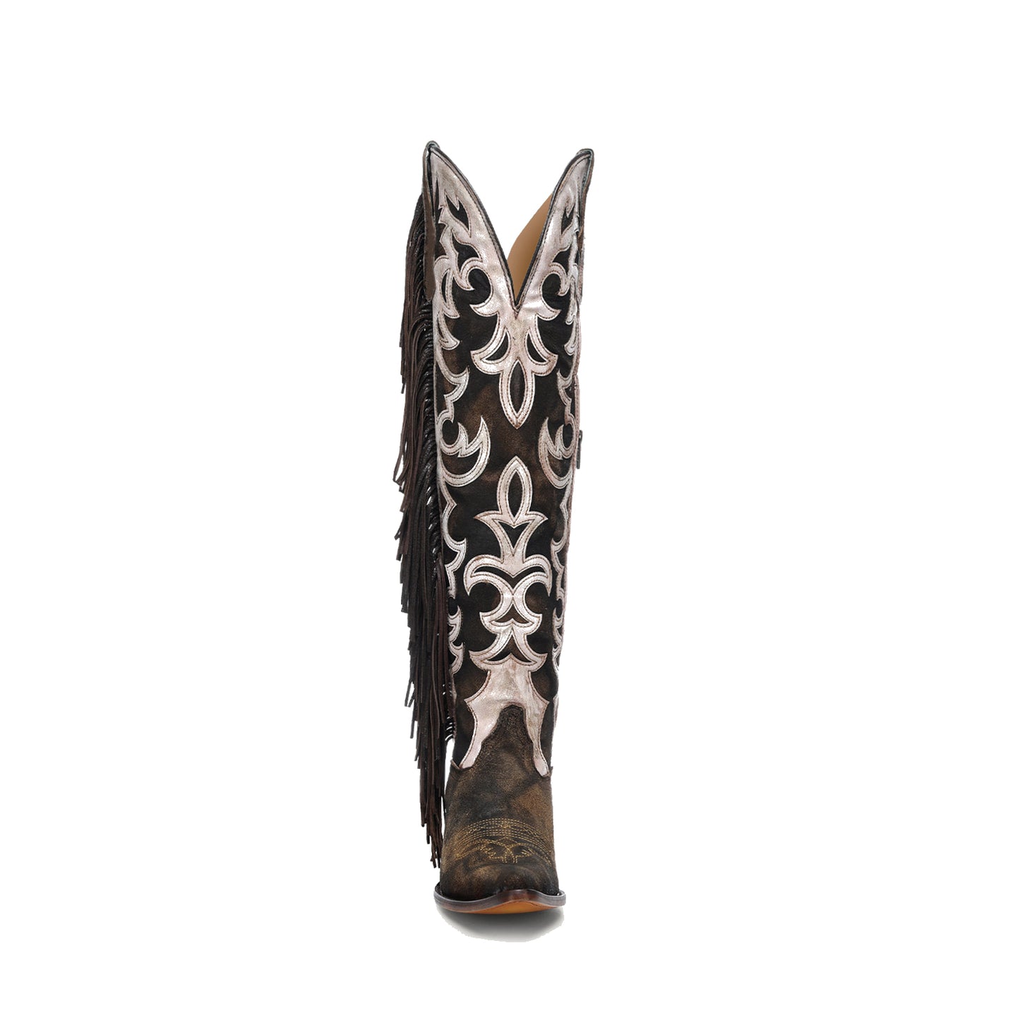 Brown Faux Suede Pointed-Toe Appliques And Side Fringe Half-Zip Over-The-Knee Cowgirl Boots