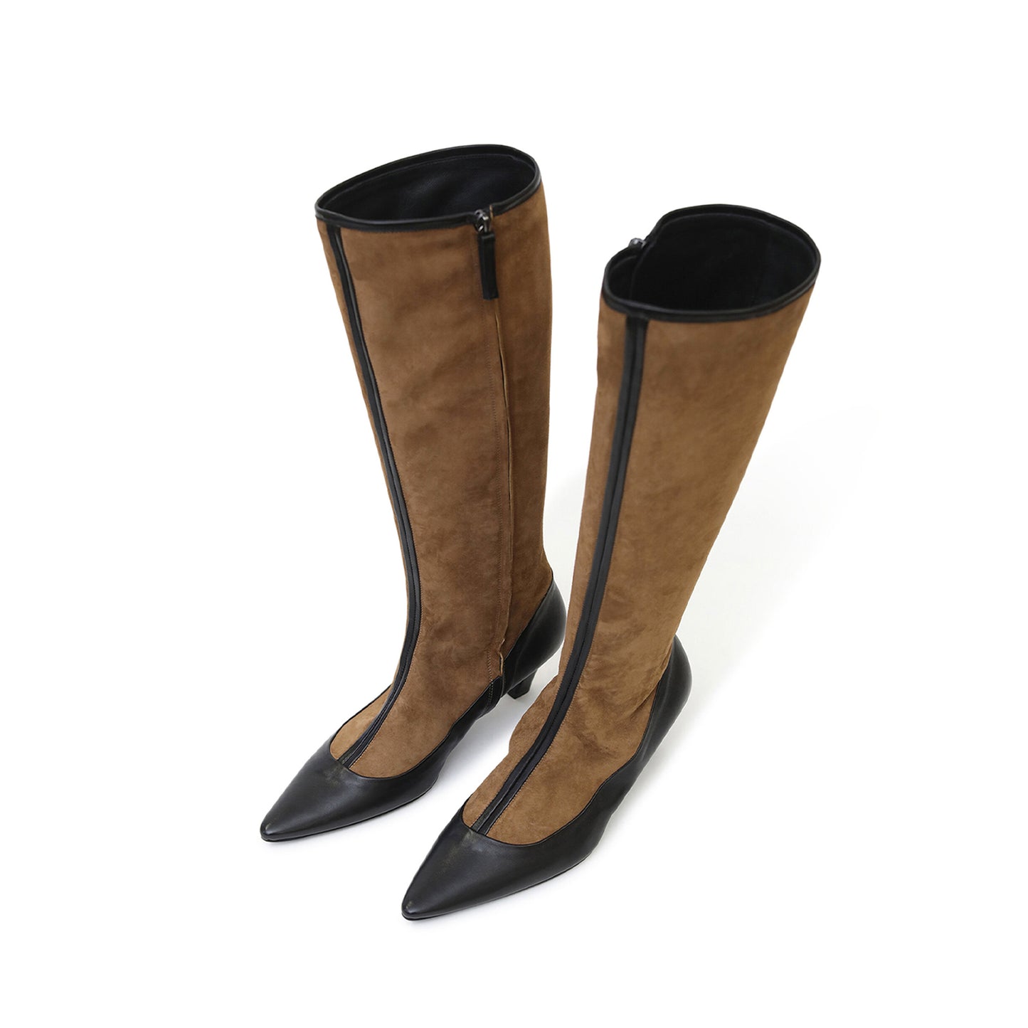 Brown Pointed-Toe Side Full-Zip Knee High Stiletto Boots