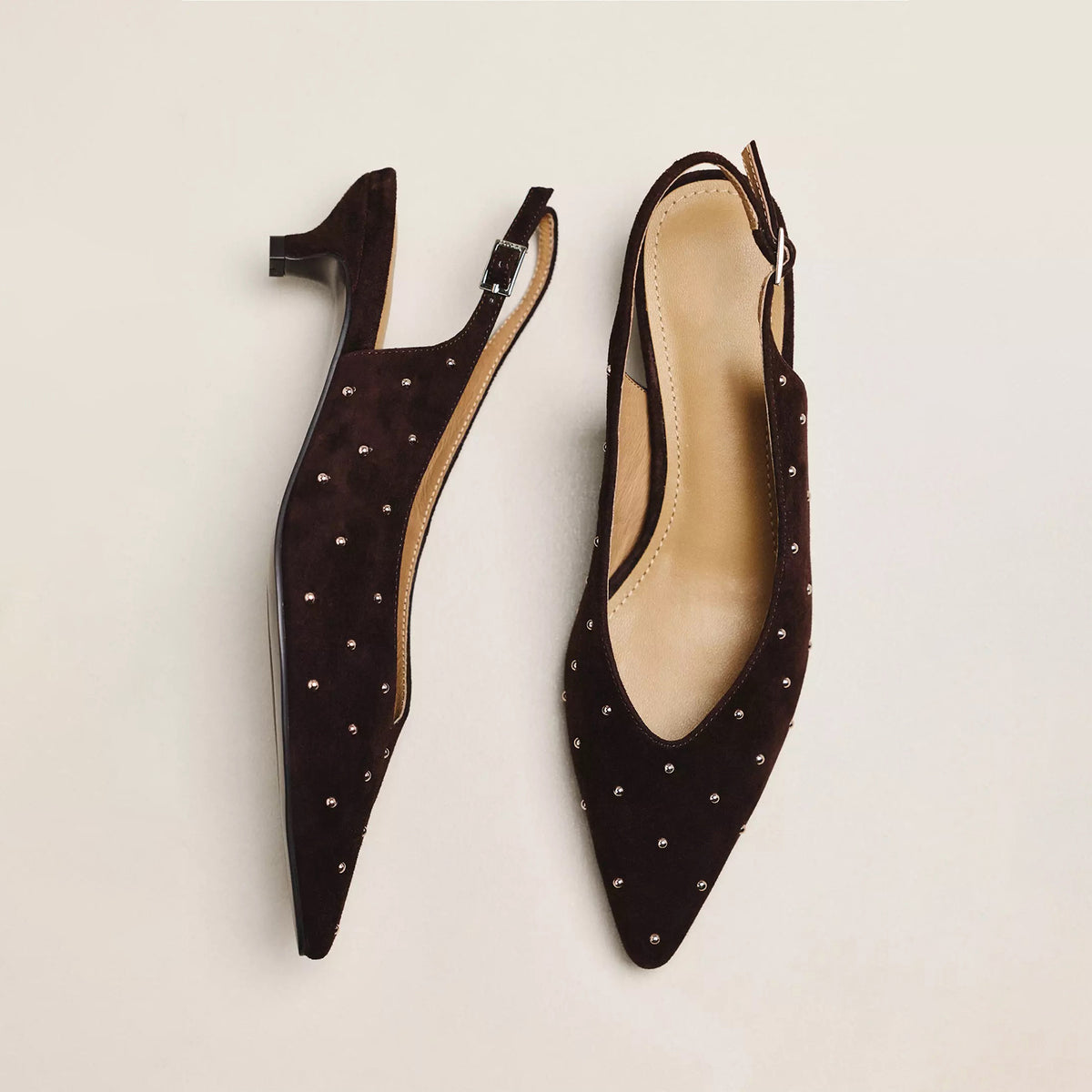 Chocolate Faux Suede Pointed-Toe Full Tiny Studs Back Strap Kitten Heels