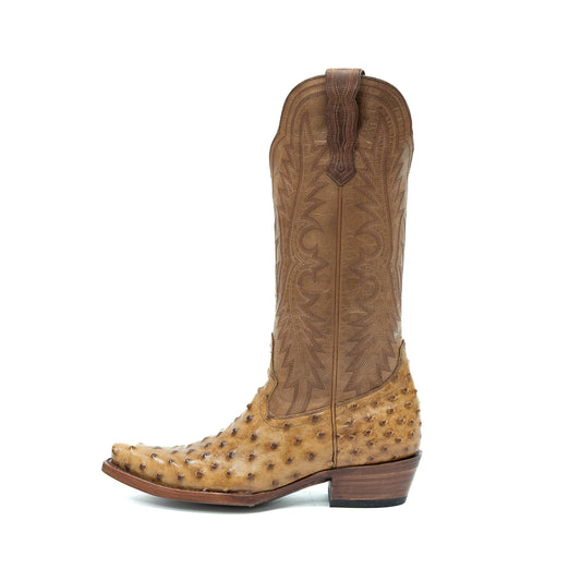 Umber Contrast Vegan Leather And Ostrich Print Snip-Toe Embroidery Mid Calf Cowgirl Boots