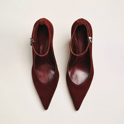 Brown Faux Suede Pointed-Toe Ankle Strap High Heels