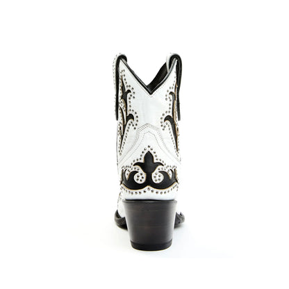 White Almond-Toe Black Inlay Studded Ankle Cowgirl Boots