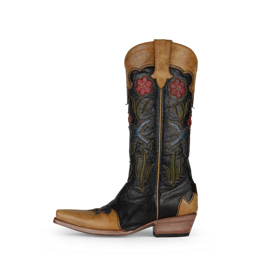 Contrast Black And Brown Snip-Toe Birds Flowers Inlays Mid Calf Cowgirl Boots