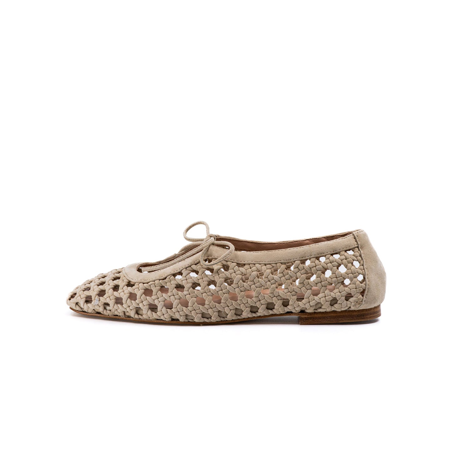 Beige Woven Vegan Leather Square-Toe Vamp Strap With Bow Ballet Flats