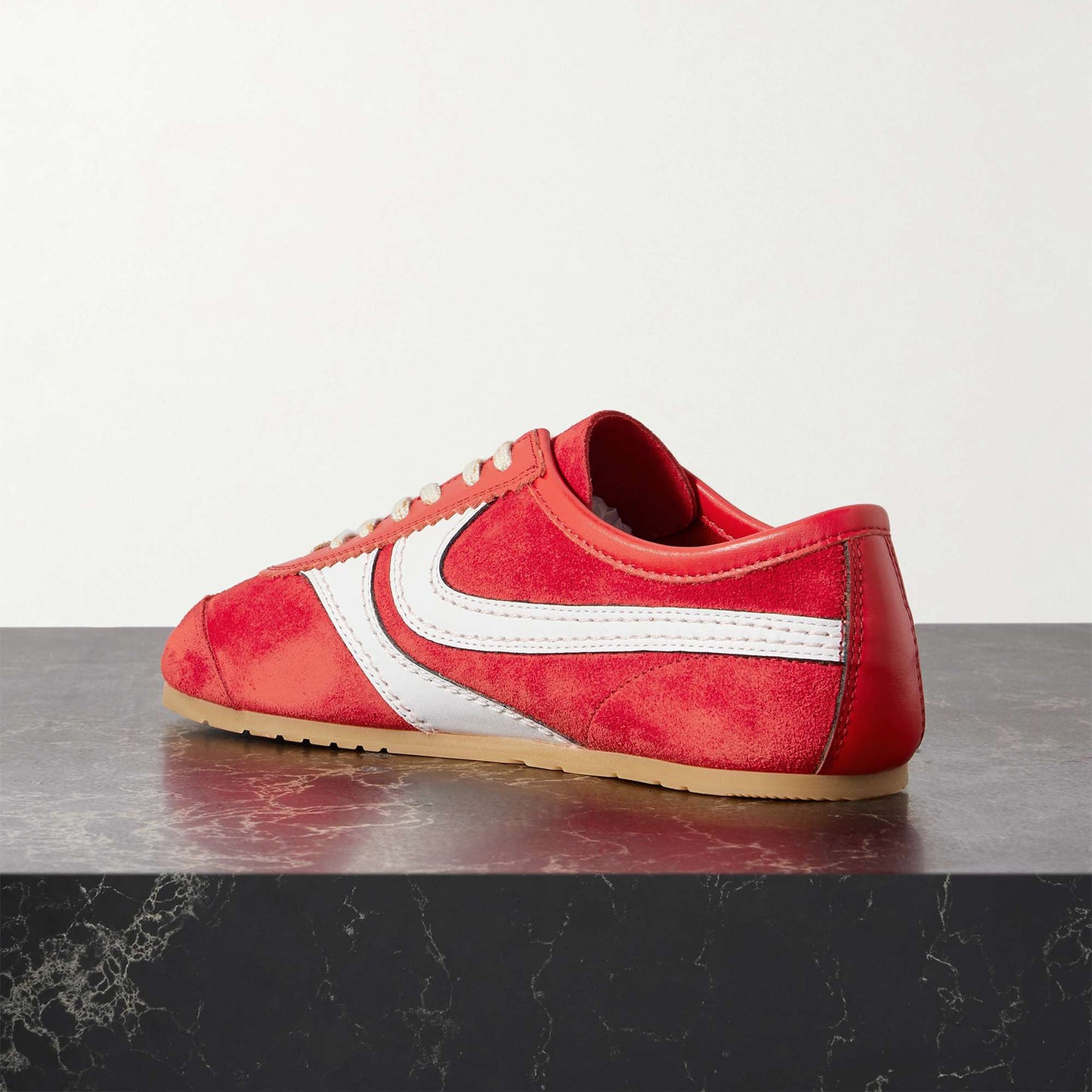 Red Contrast Faux Suede And Vegan Leather Square-Toe Lace-Up Sneakers Flats
