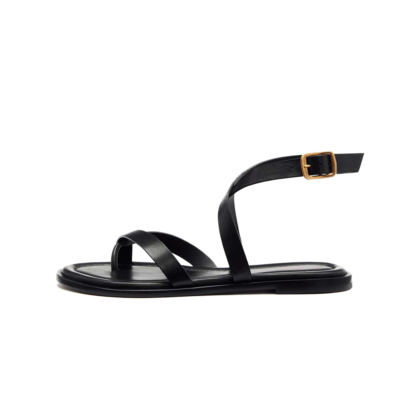 Black Round-Toe Front And Ankle Strap Sandals Flats