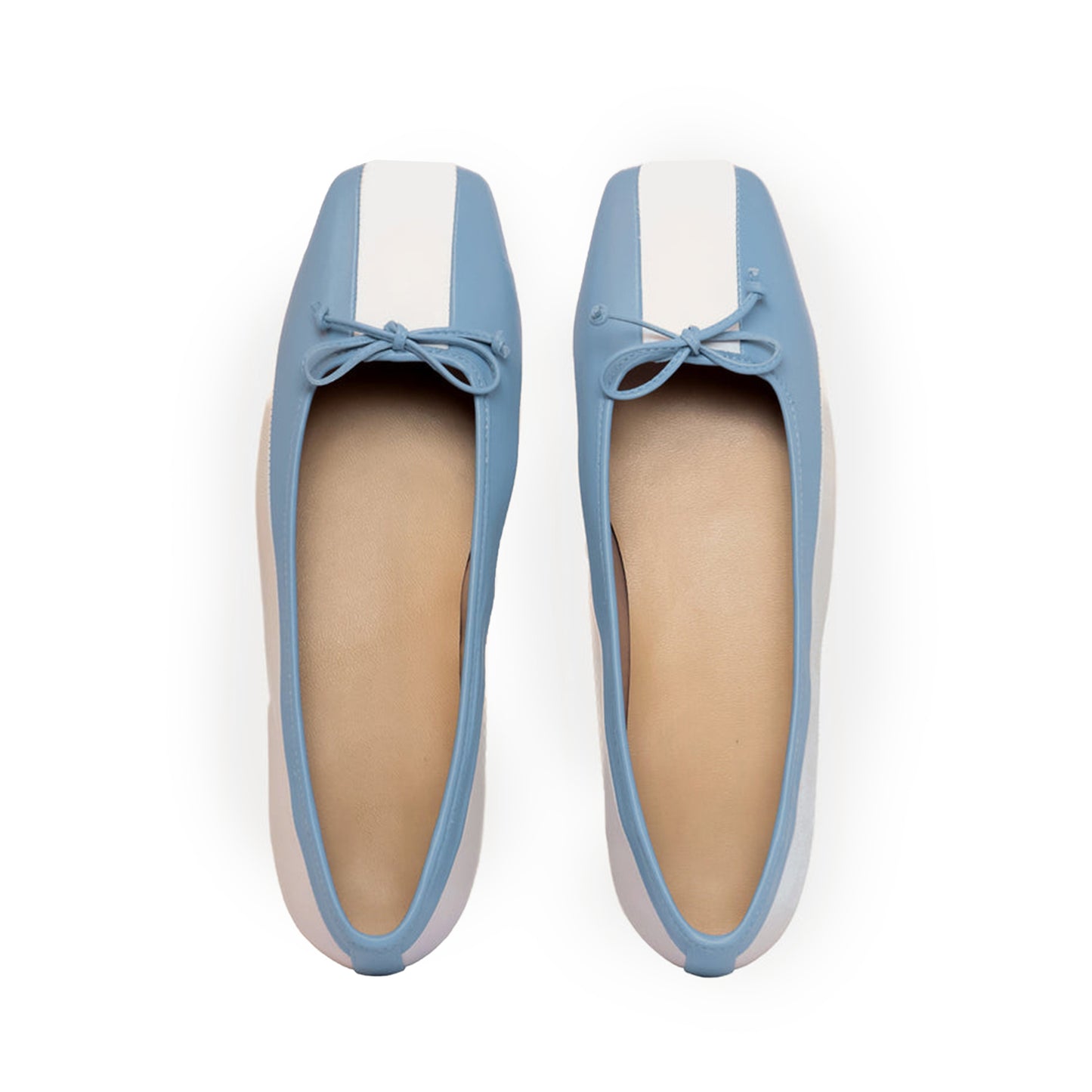 Contrast White And Blue Square-Toe Front Bow Slip-On Ballet Flats