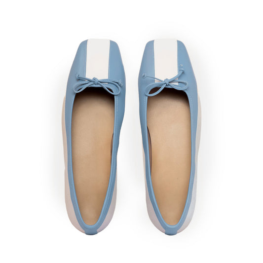 Contrast White And Blue Square-Toe Front Bow Slip-On Ballet Flats