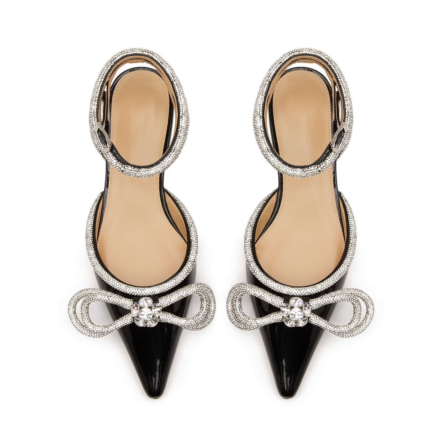 Patent Black Pointed-Toe Glitter Double Bow With Rhinestones Ankle Strap Flats