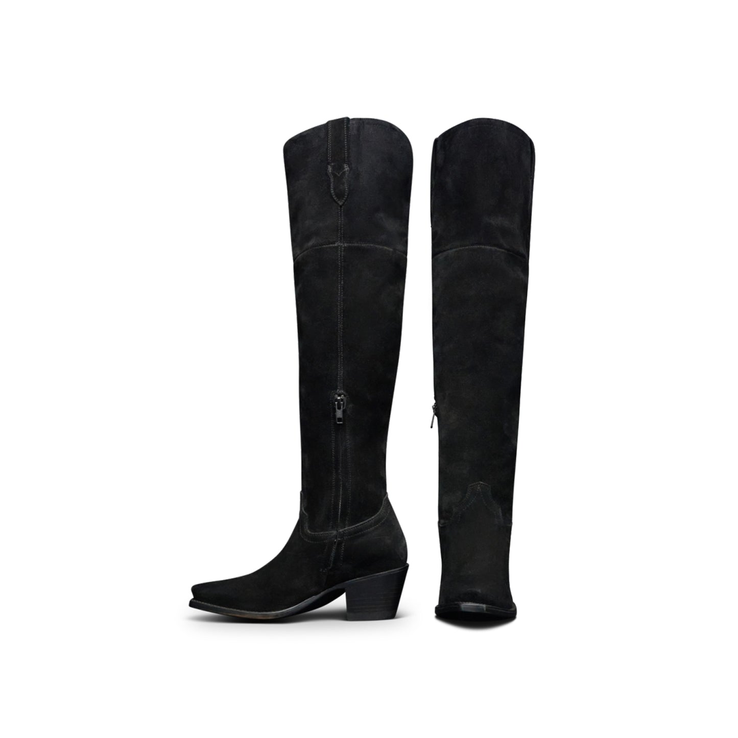 Black Faux Suede Snip-Toe Half-Zip Over-The-Knee Cowgirl Boots