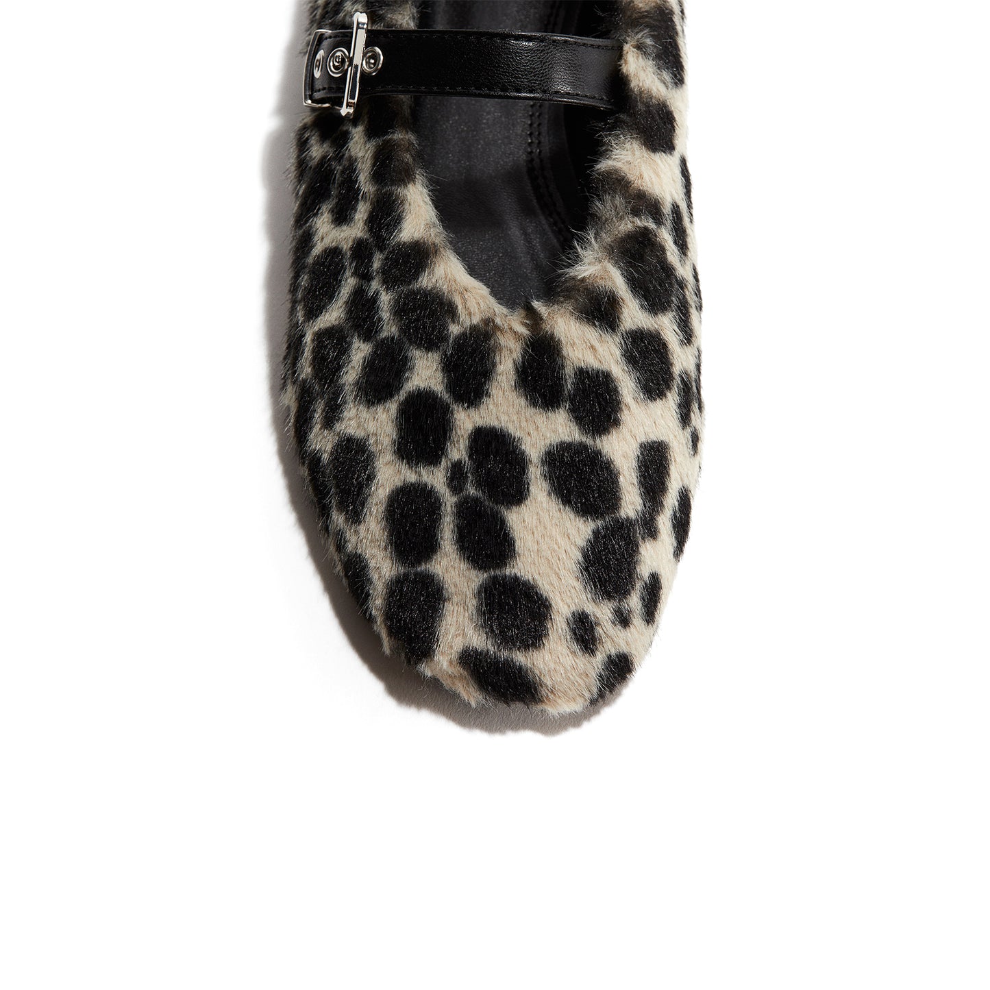 Light Beige Spotted Plush Round-Toe Bridge Strap Flats