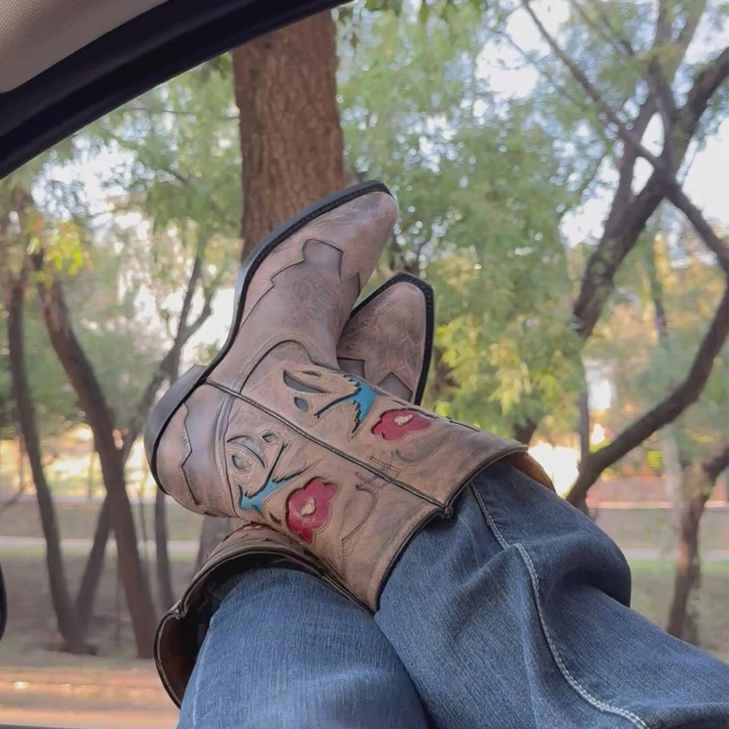 Distressed Tan Snip-Toe Bird And Flower Inlays Mid Calf Cowgirl Boots