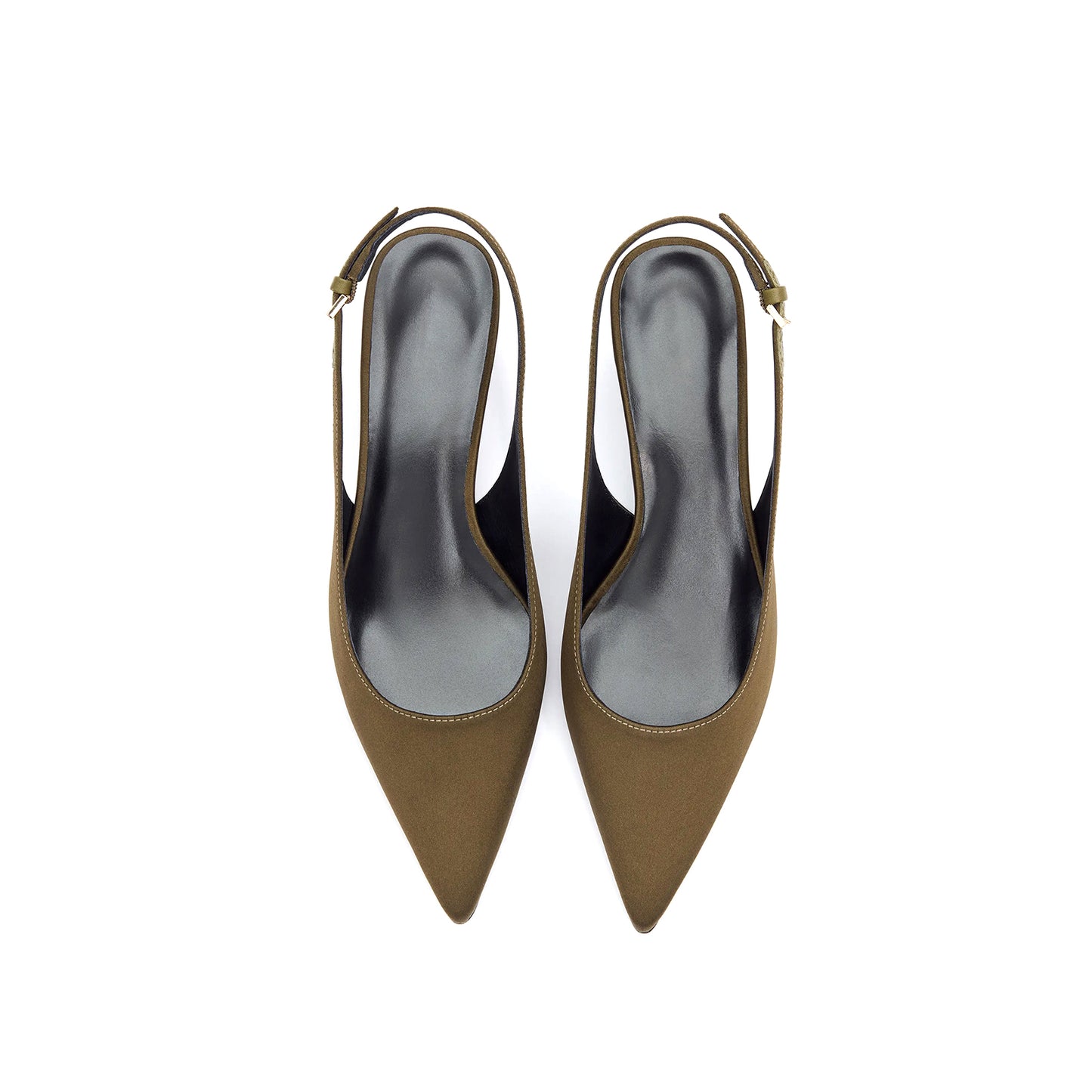 Brown Satin Pointed-Toe Classic Kitten Heels With Slingback