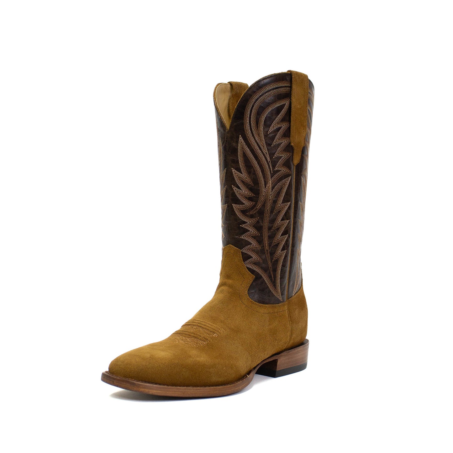 Contrast Black And Cognac Square-Toe Embroidery Mid Calf Cowgirl Boots