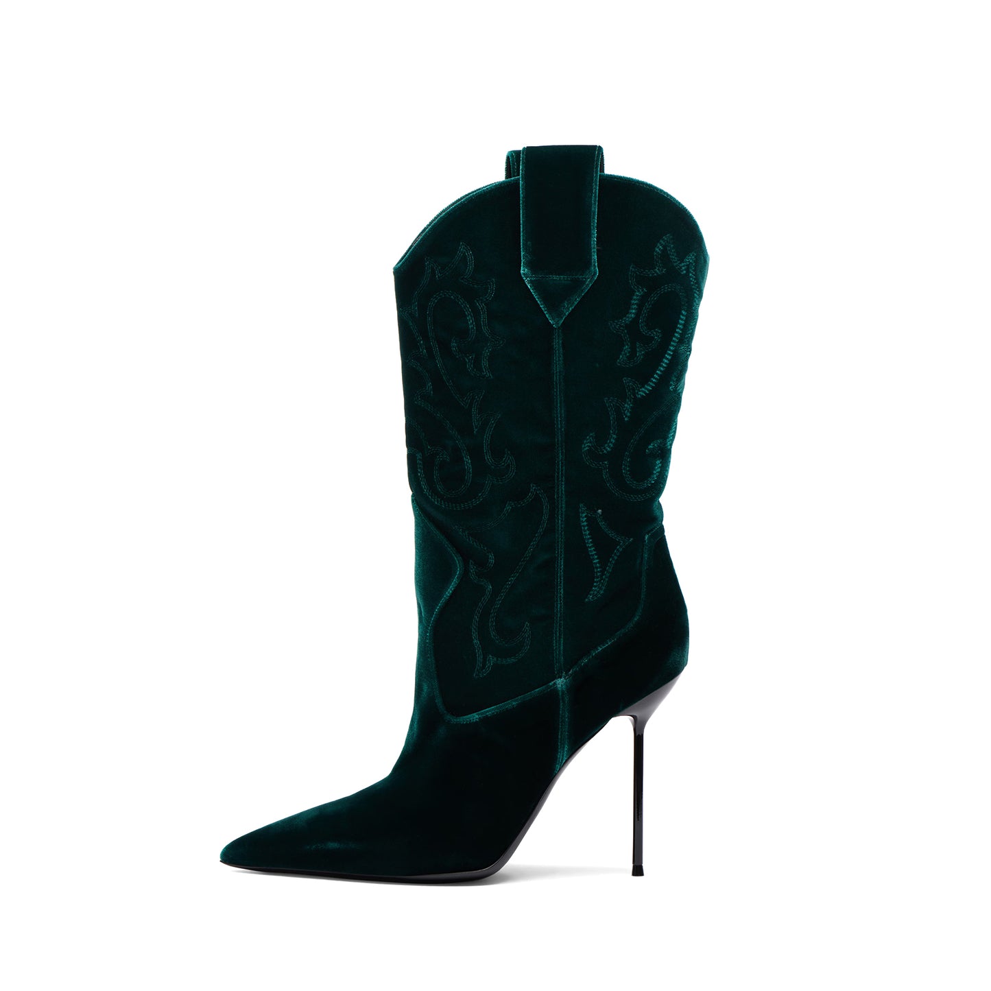 Dark Blue Velvet Pointed-Toe Embroidery Chic Mid Calf Stiletto Boots