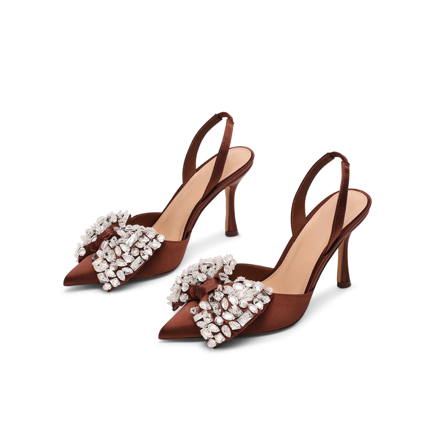 Brown Satin Pointed-Toe Crystals Front Bow Slingback High Heels Pumps