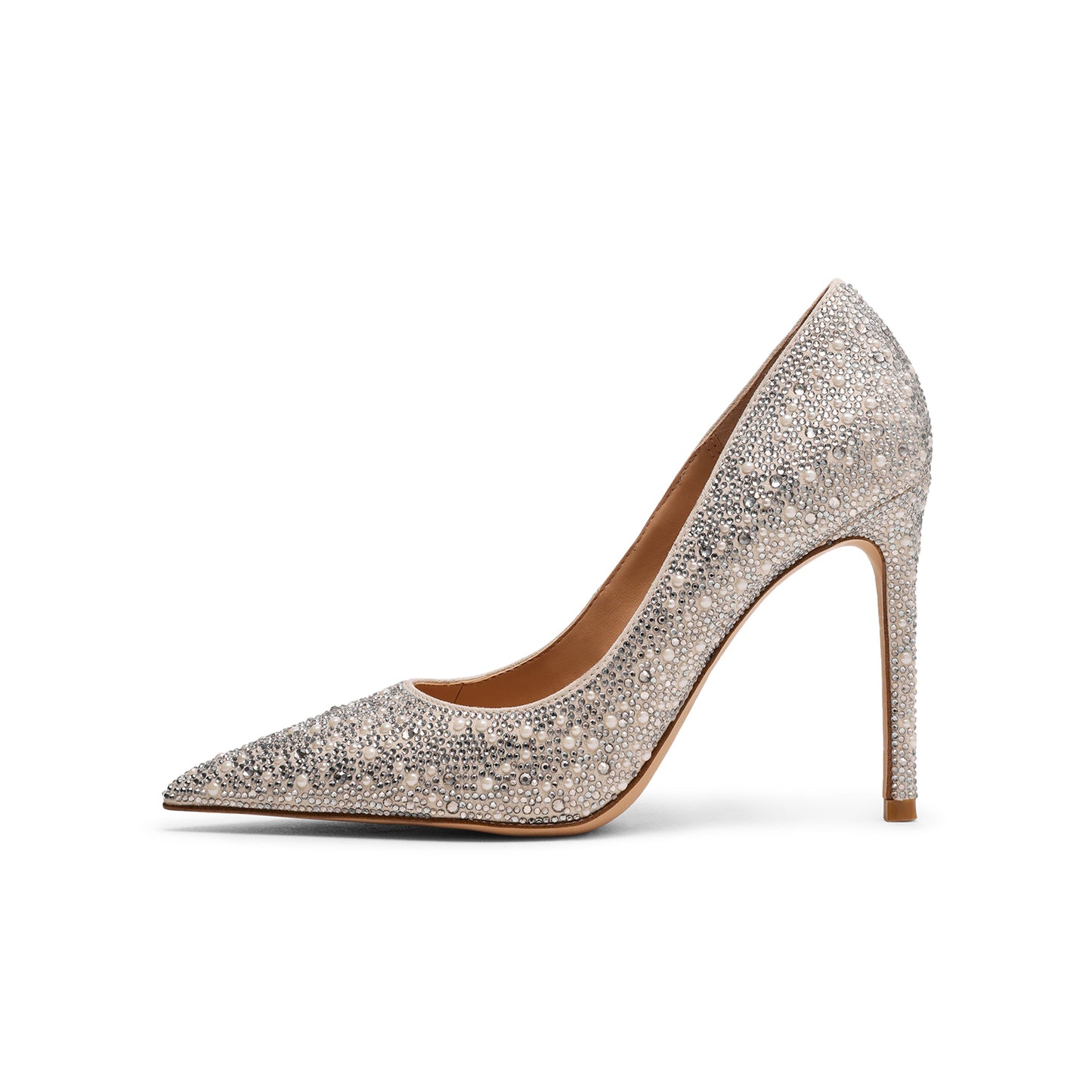 Silver Satin Full Pearls Rhinestones Pointed-Toe Classic Slingback High Heels