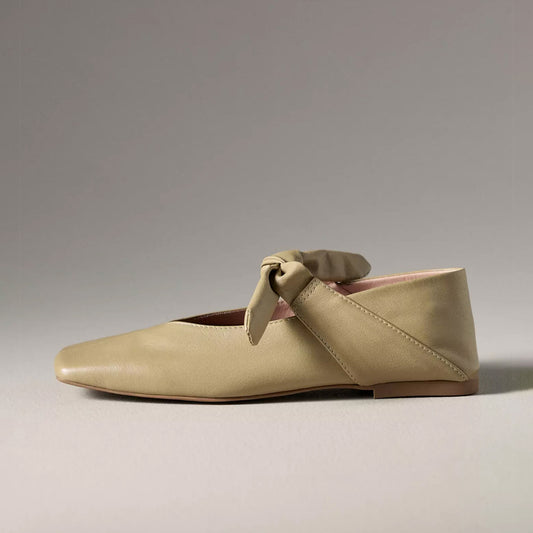 Olive Square-Toe Center Lace-Up Ballet Flats